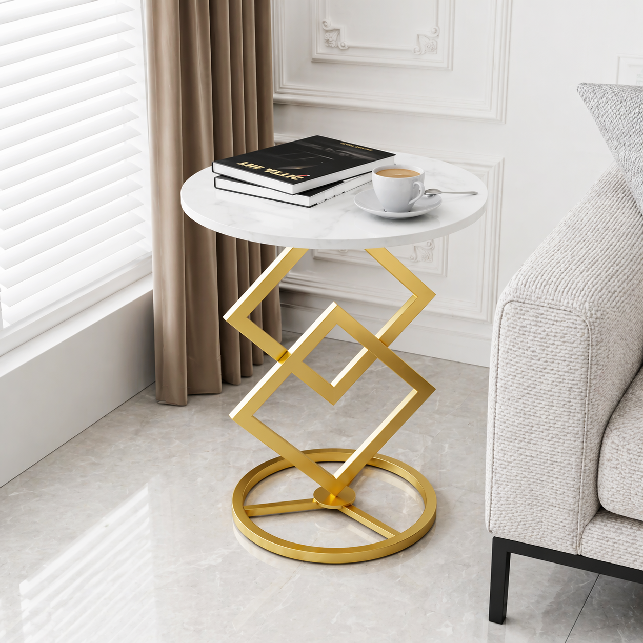 Masuta de cafea, blat tip marmura, cadru geometric metalic, 40 x 58 cm