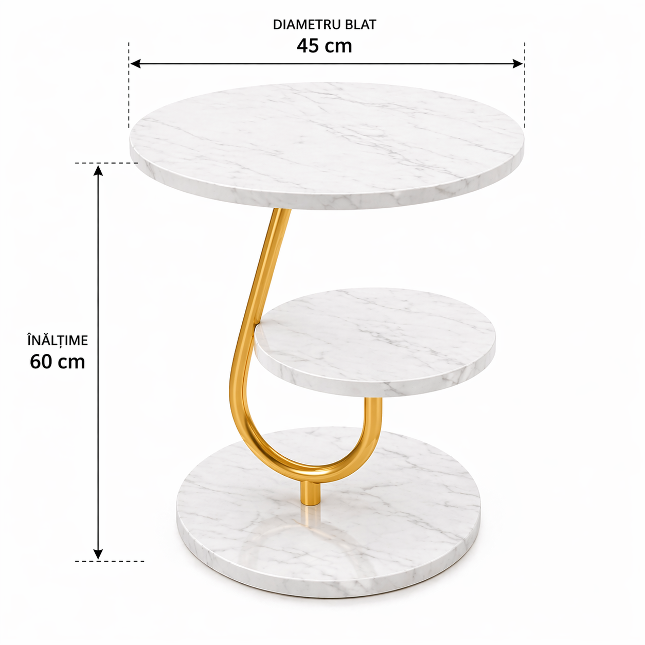 Masuta de cafea, blat tip marmura, cadru metalic, desing elegant, 45 x 60 cm