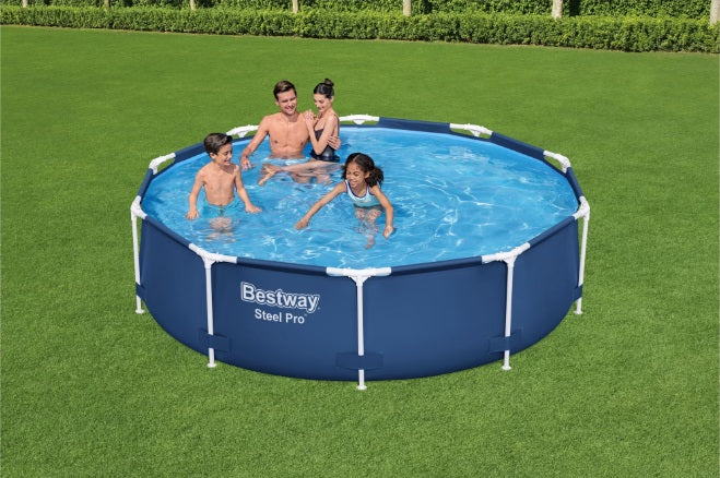 Piscina cu cadru meltalic Bestway Steel Pro, D305xH76, pompa filtrare, fitru, prelata acoperis, prelata suport, dozator clor, kit reparatie
