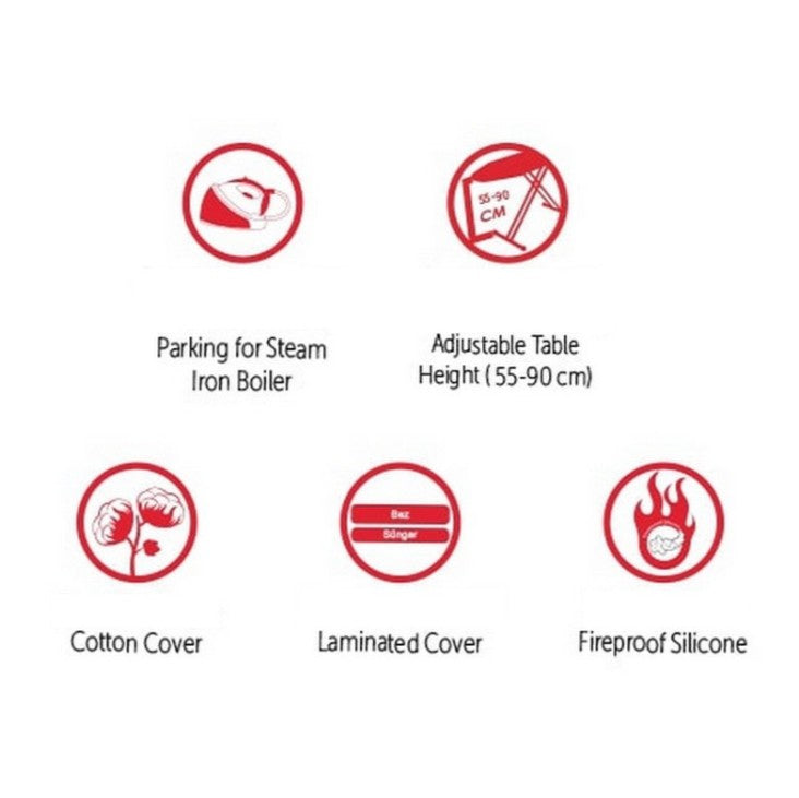 Masa de calcat Millenyum Premium, pentru fier si statie de calcat, bumbac 100%, prelungitor incorporat, monobloc, suprafata 46X127 cm, inaltime 80-105 cm