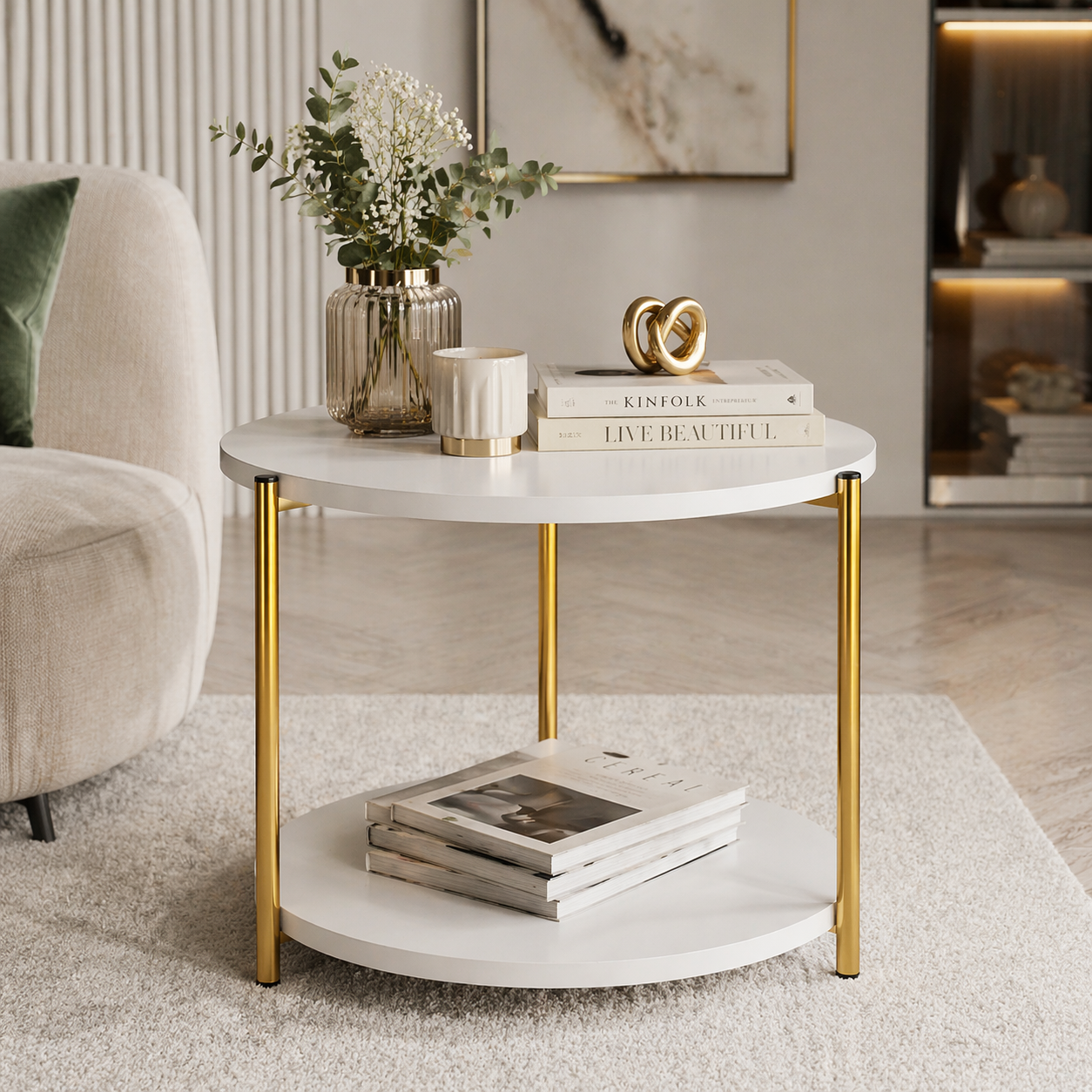 Masuta rotunda, blat alb, picioare aurii, design modern 40 x 40 x 43 cm