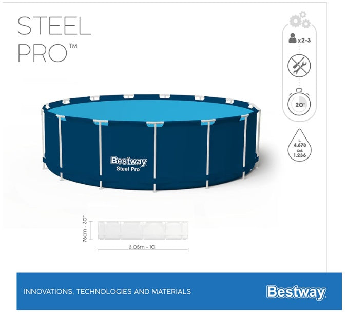 Piscina cu cadru meltalic Bestway Steel Pro, D305xH76, prelata acoperis, prelata suport, dozator clor, kit reparatie