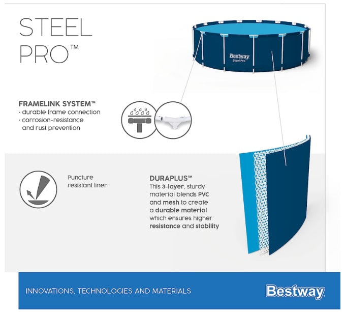 Piscina cu cadru meltalic Bestway Steel Pro, D305xH76, prelata acoperis, prelata suport, dozator clor, kit reparatie