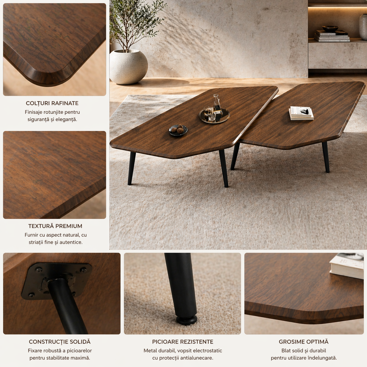 Set 2 masute cafea, design scandinav, 120 x 70 x 47 cm