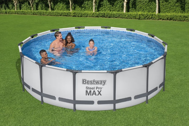 Piscina cu cadru meltalic Bestway Steel ProMAX, D305xH76, pompa filtrare, fitru, prelata acoperis, prelata suport, dozator clor, kit reparatie
