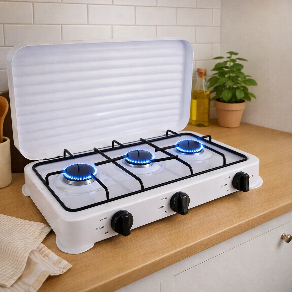Aragaz plita 3 arzatoare, GPL butelie, set complet accesorii inclus, 1.1kW-2.2kW