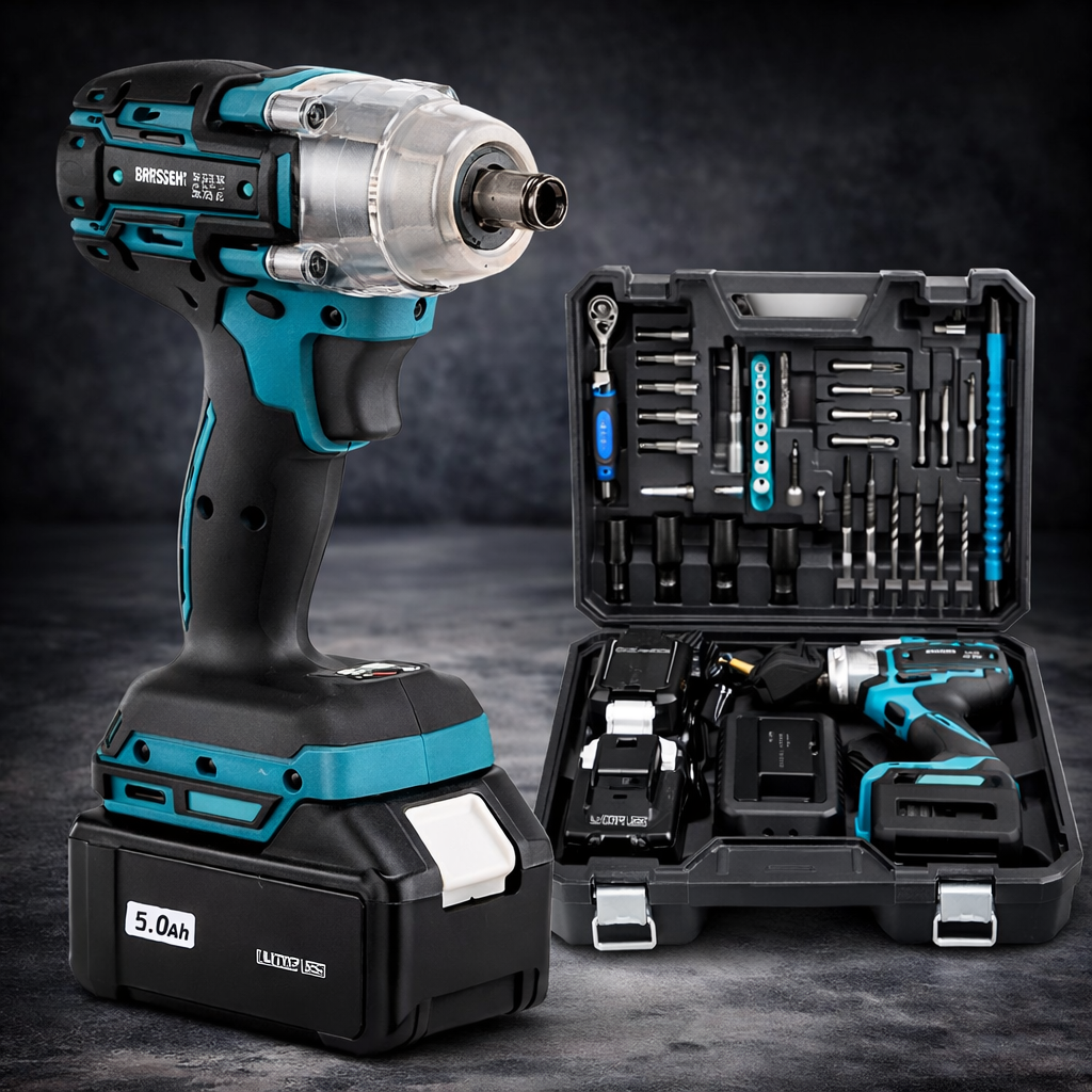 Cheie de impact si insurubat 380 Nm, 43 accesorii, 2 acumulatori 48V Li-Ion, valiza transport