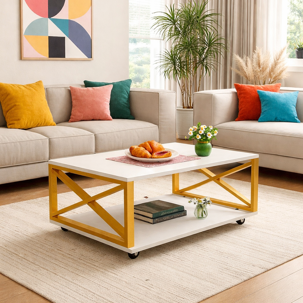 Masuta cafea, blat MDF, cadru metalic, roti, 98 x 60 x 33.6 cm, alb/auriu