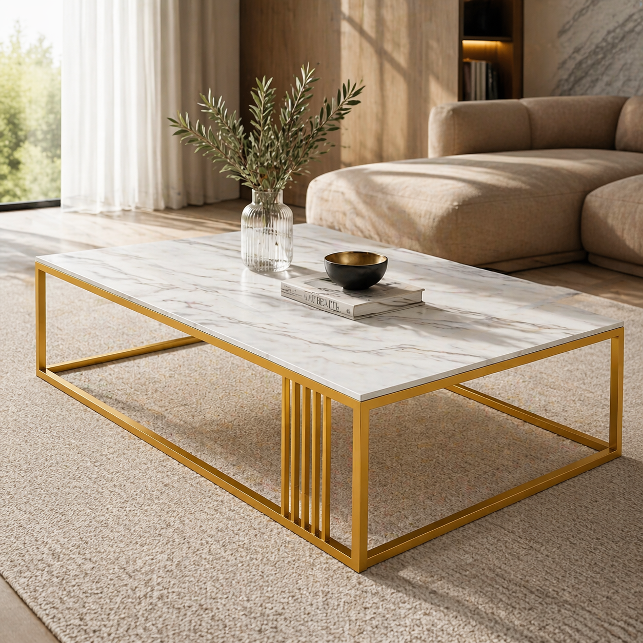 Masuta cafea dreptunghiulara, design nordic, aspect marmura alba, 120x60x43cm