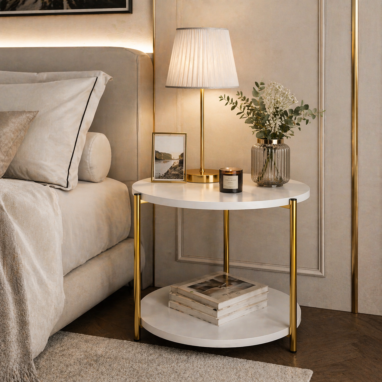 Masuta rotunda, blat alb, picioare aurii, design modern 40 x 40 x 43 cm