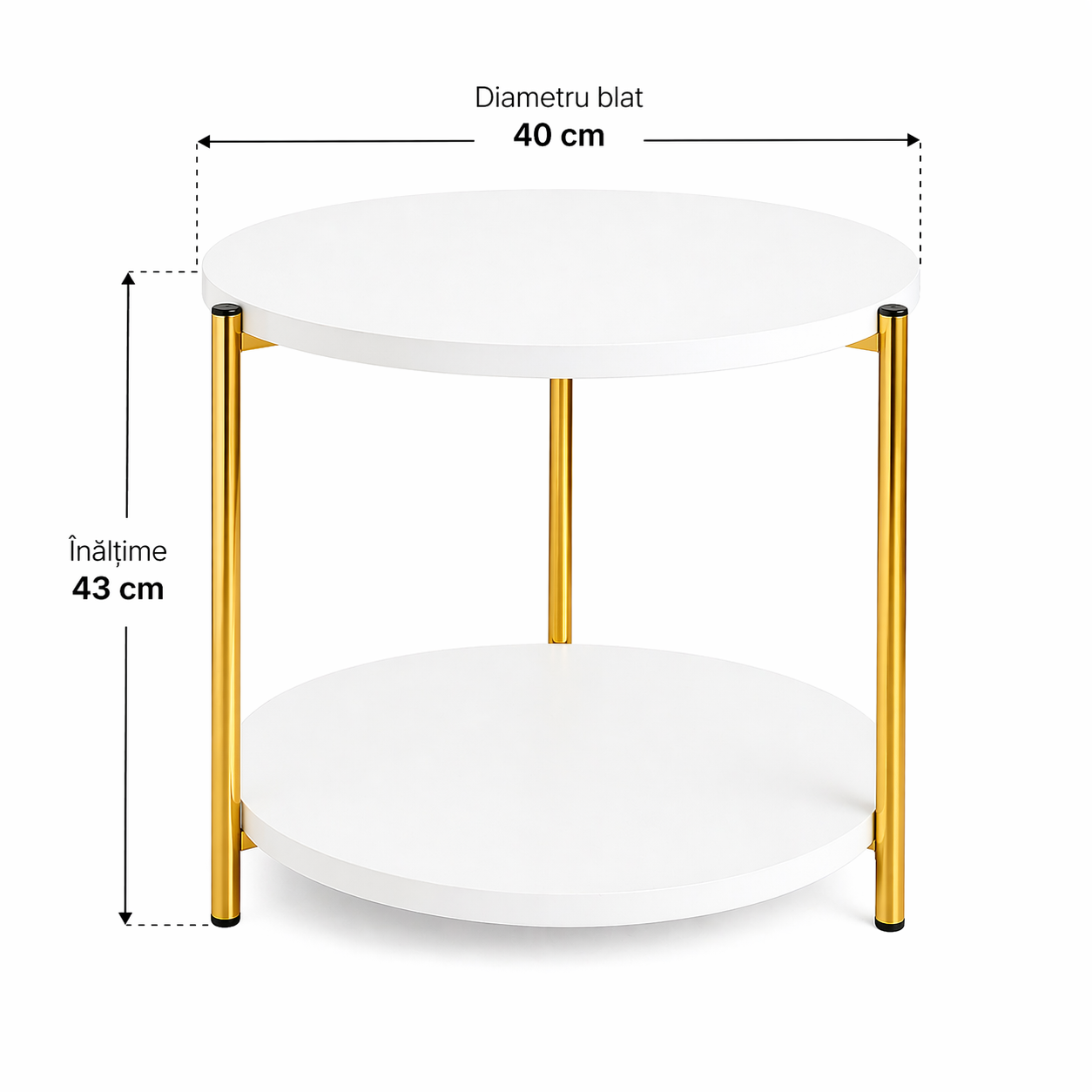 Masuta rotunda, blat alb, picioare aurii, design modern 40 x 40 x 43 cm