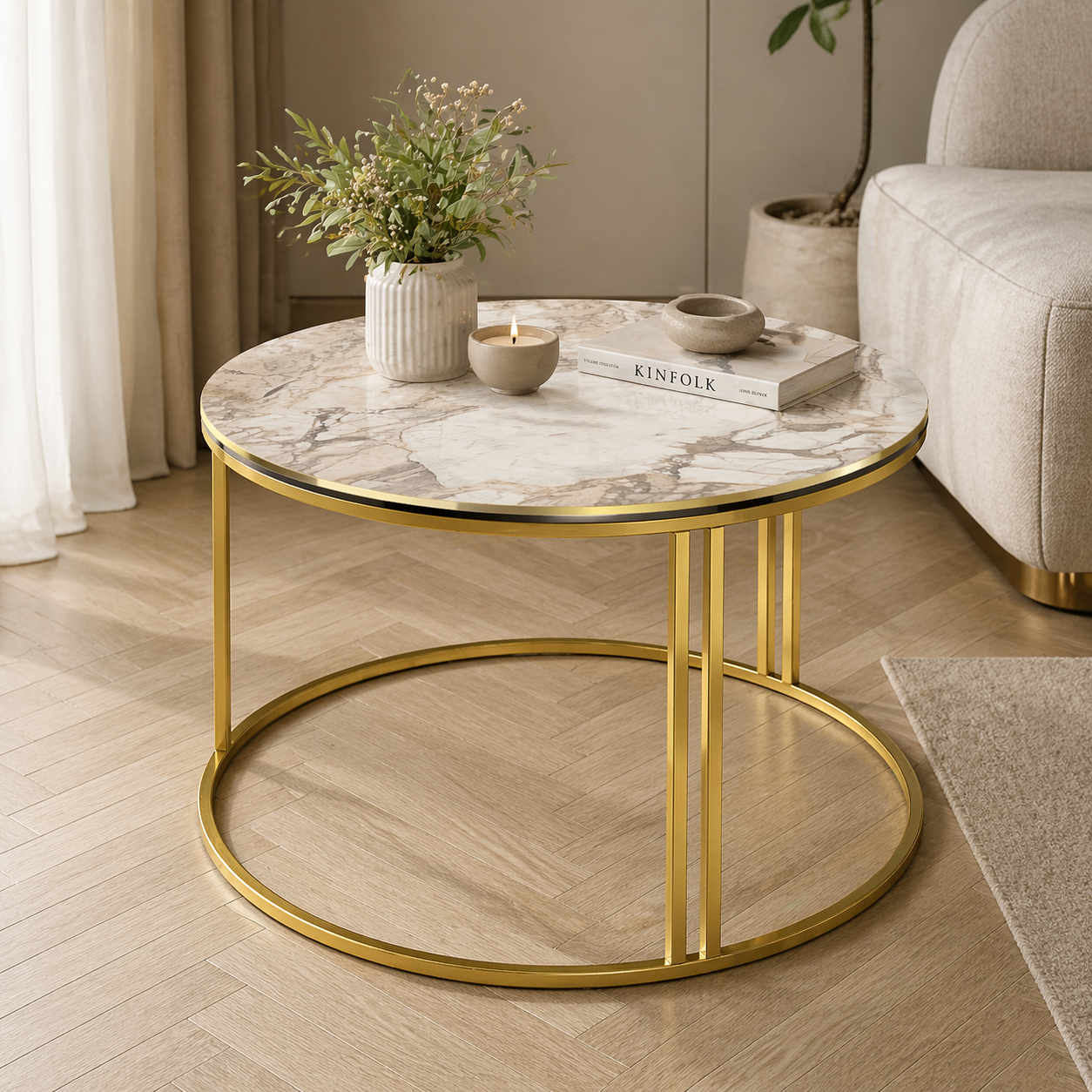 Masuta rotunda, blat alb marmorat, picioare metalice, 50 x 80 cm