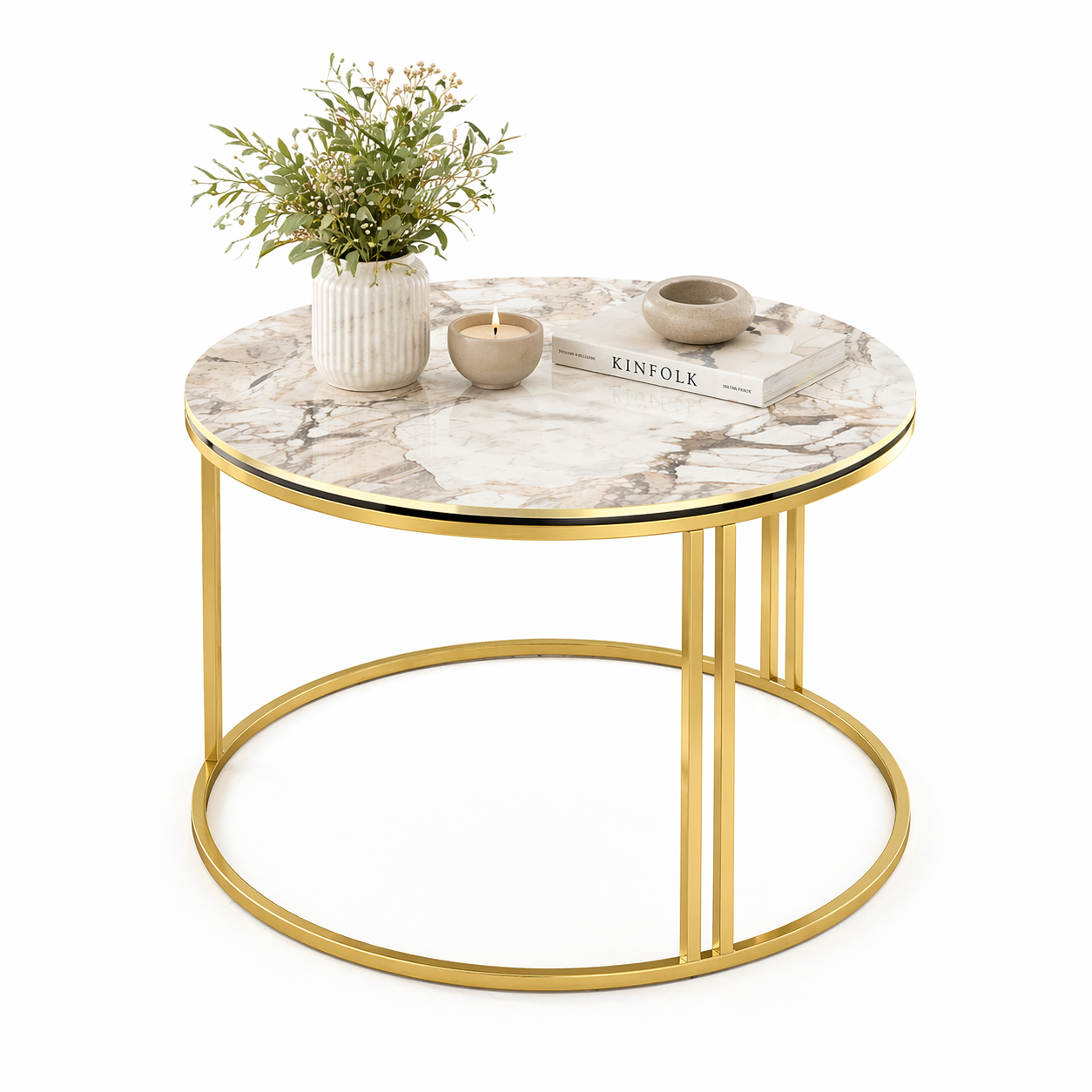 Masuta rotunda, blat alb marmorat, picioare metalice, 50 x 80 cm
