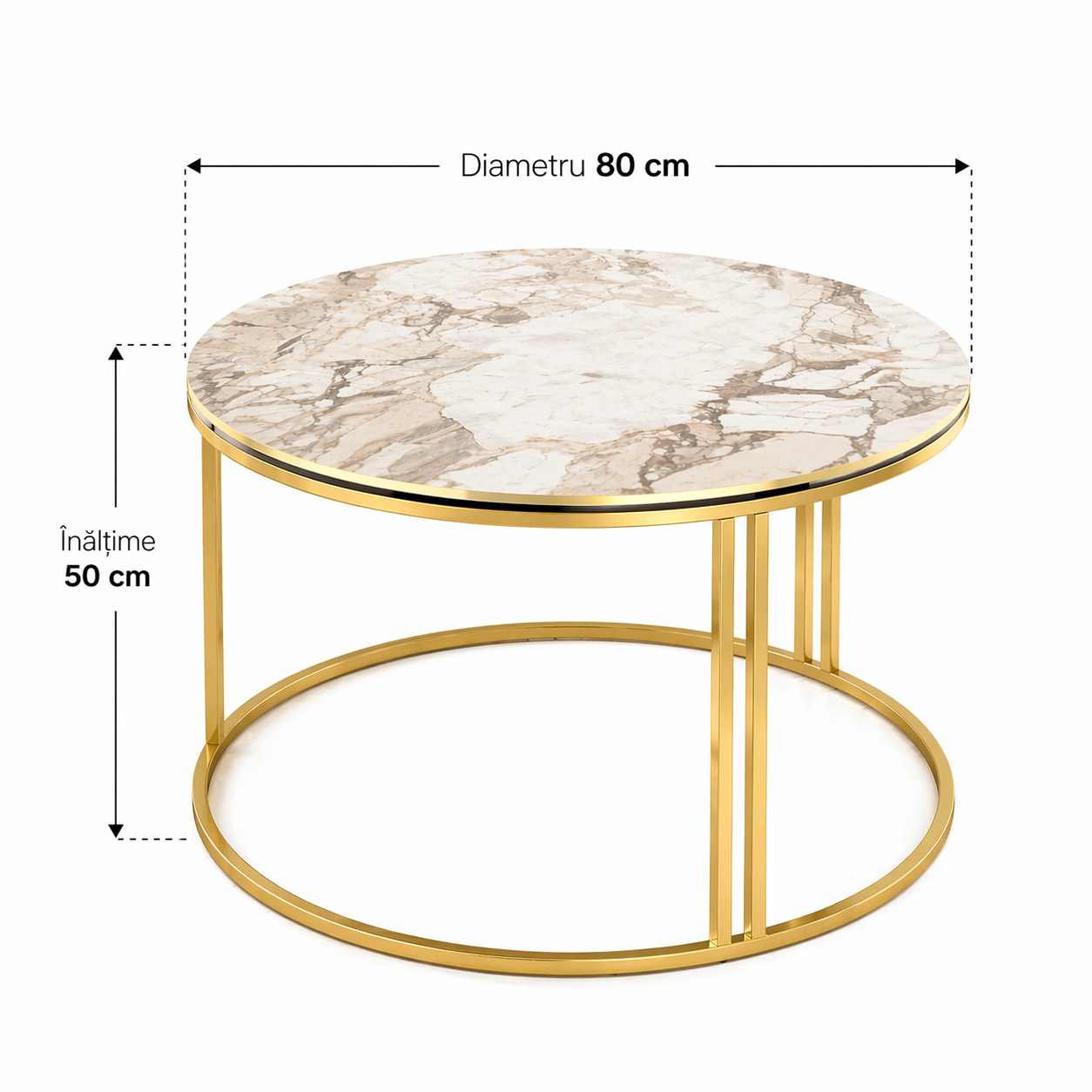 Masuta rotunda, blat alb marmorat, picioare metalice, 50 x 80 cm