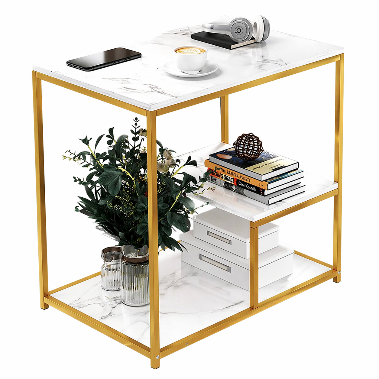 Masuta cafea blat tip marmura, cadru metalic auriu, 3 niveluri de depozitare, 60 x 40 x 68 cm