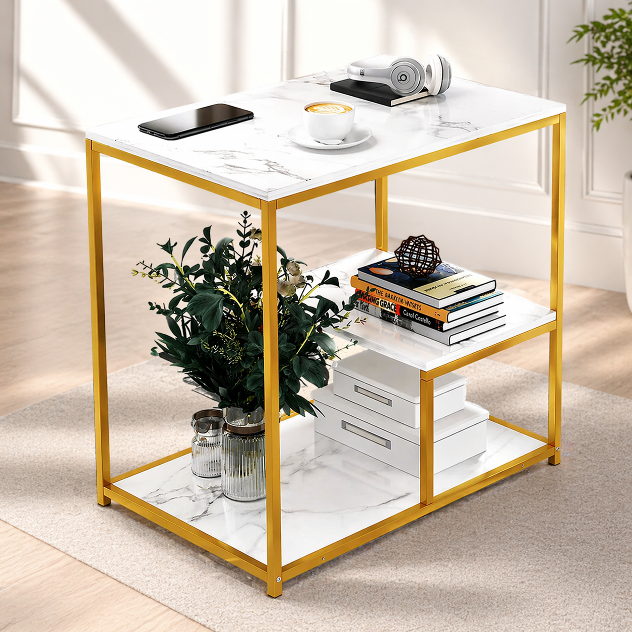 Masuta cafea blat tip marmura, cadru metalic auriu, 3 niveluri de depozitare, 60 x 40 x 68 cm