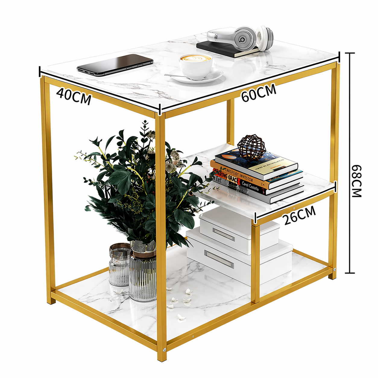 Masuta cafea blat tip marmura, cadru metalic auriu, 3 niveluri de depozitare, 60 x 40 x 68 cm