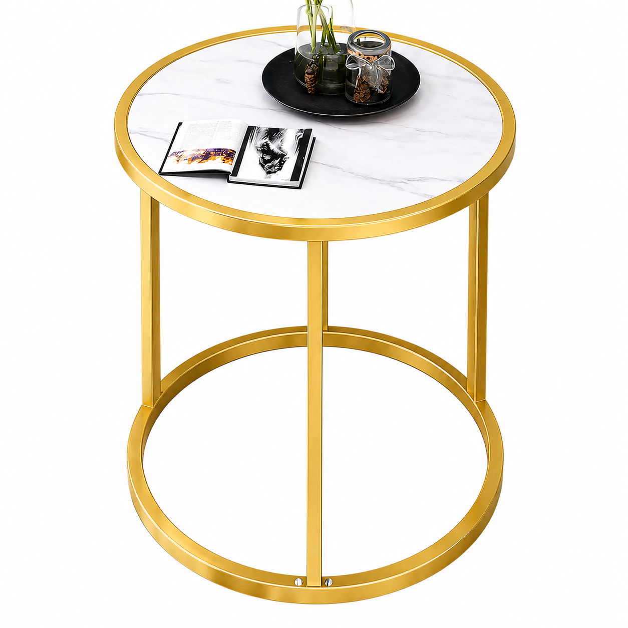 Masuta rotunda eleganta, blat tip marmura, cadru metalic auriu, 40 x 40 x 45 cm