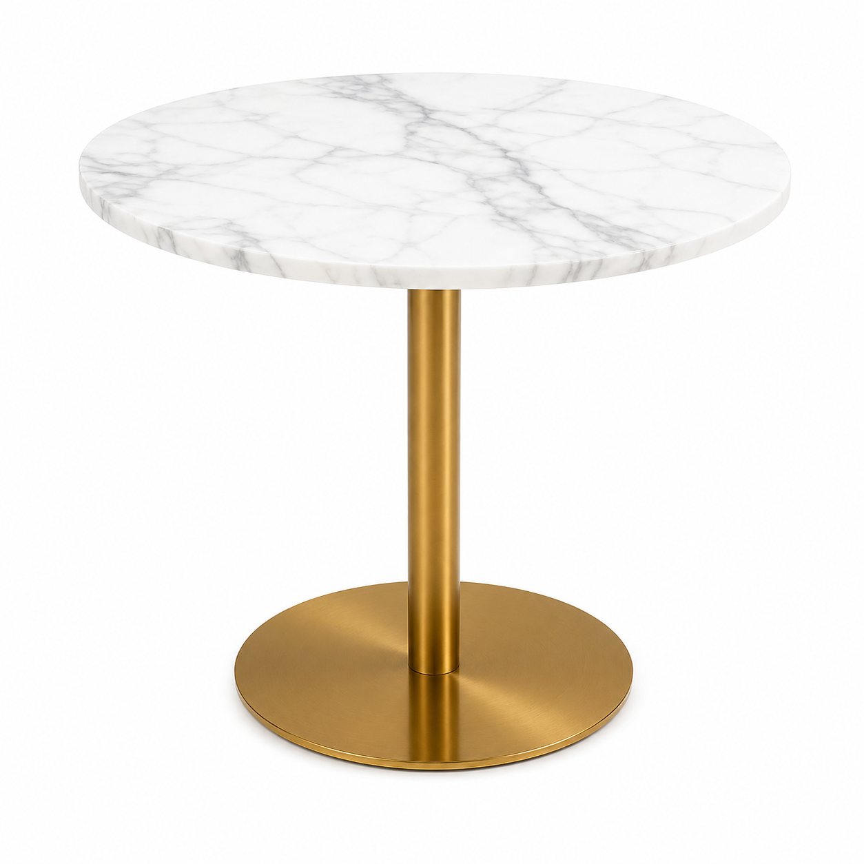 Masuta rotunda eleganta, blat tip marmura, cadru metalic auriu, 90 x 75 cm