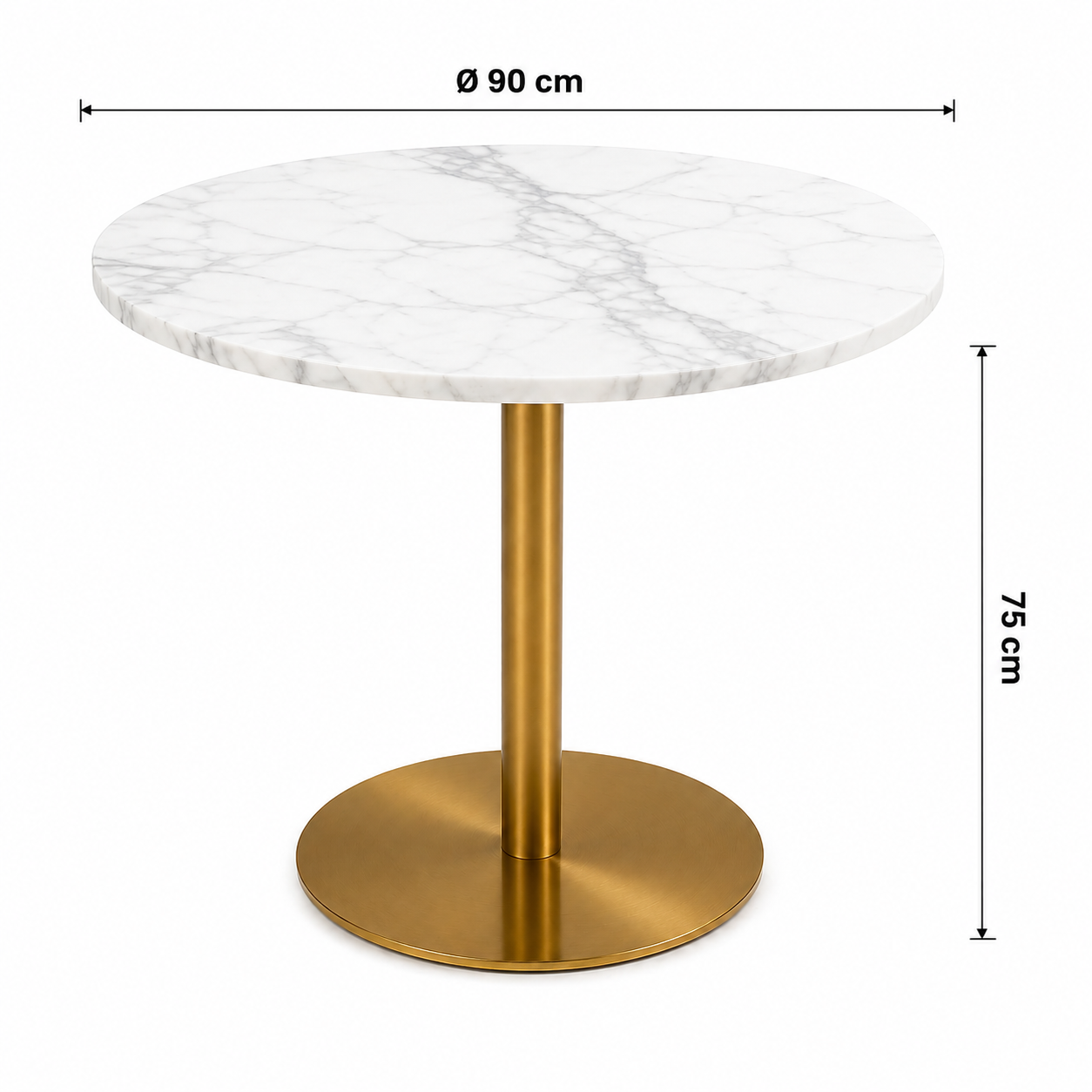 Masuta rotunda eleganta, blat tip marmura, cadru metalic auriu, 90 x 75 cm