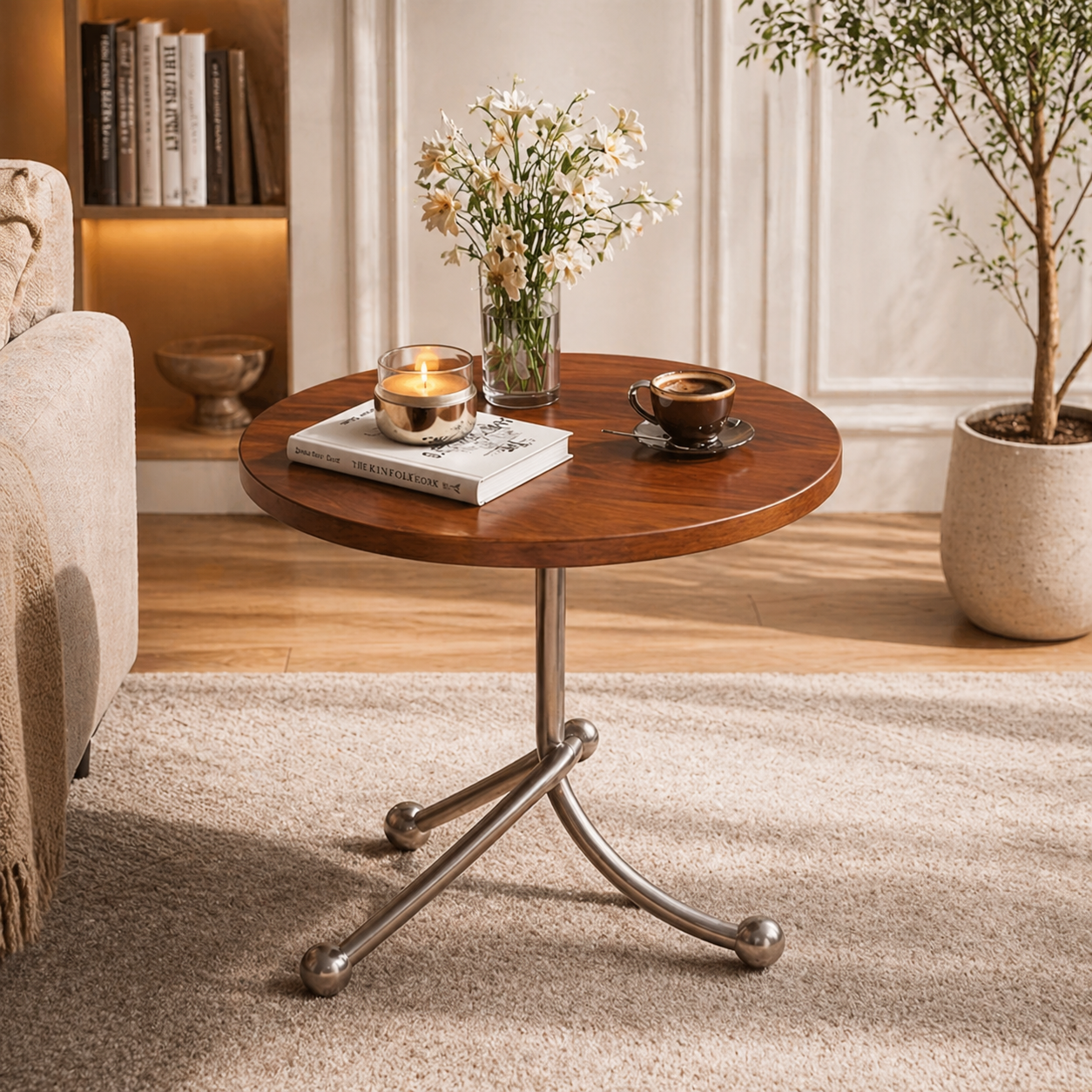 Masuta moderna cu blat rotund si picioare metalice cromate, 40 x 40 x 51 cm