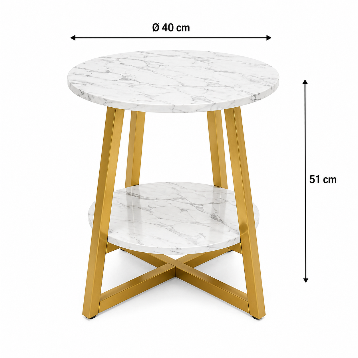 Masuta cafea rotunda, blat alb cu efect marmura, 2 blaturi cu spatiu de depozitare, 40 x 55 cm