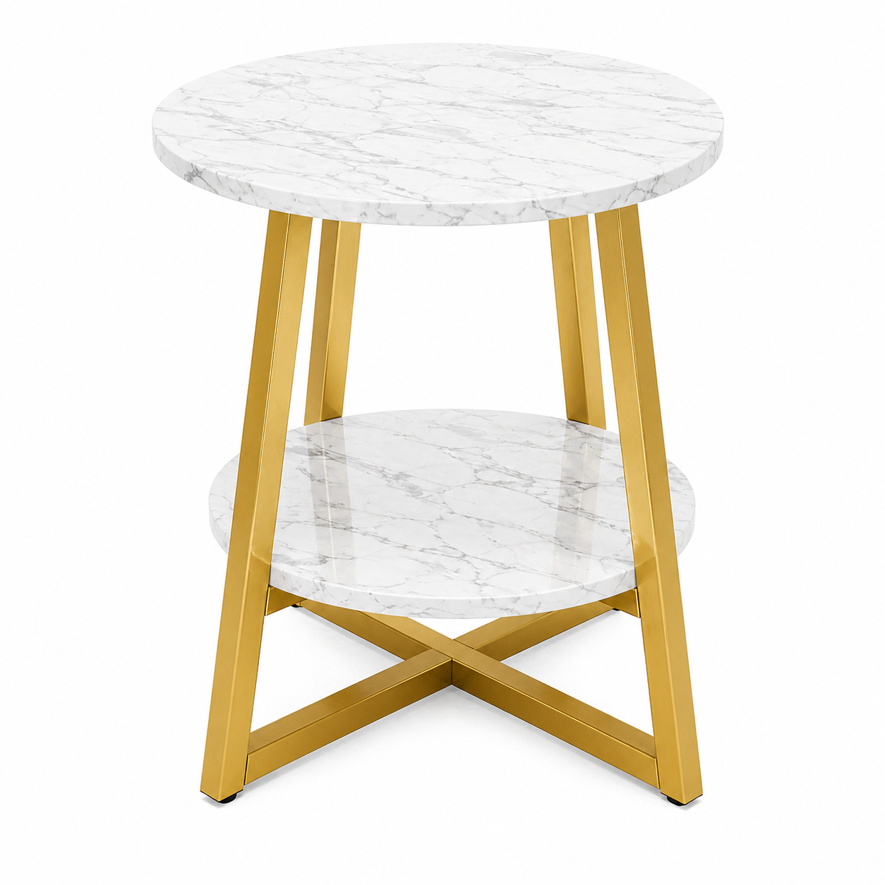 Masuta cafea rotunda, blat alb cu efect marmura, 2 blaturi cu spatiu de depozitare, 40 x 55 cm