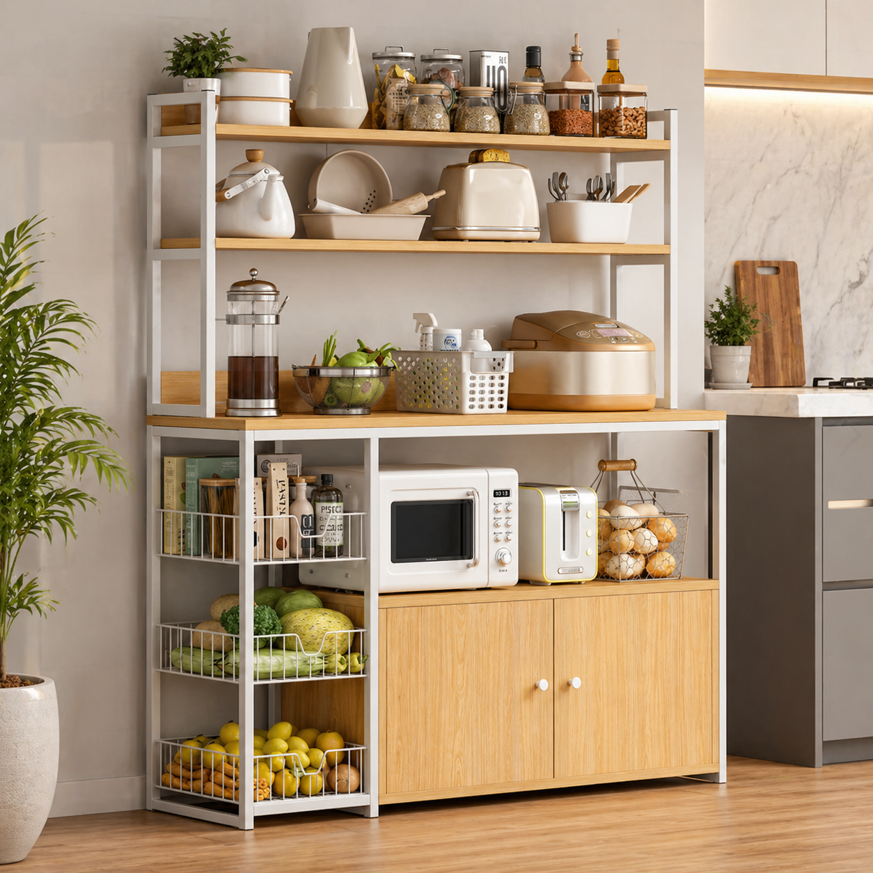 Etajera bucatarie multifunctionala cu rafturi, cosuri laterale si dulap – 120x30x146 cm