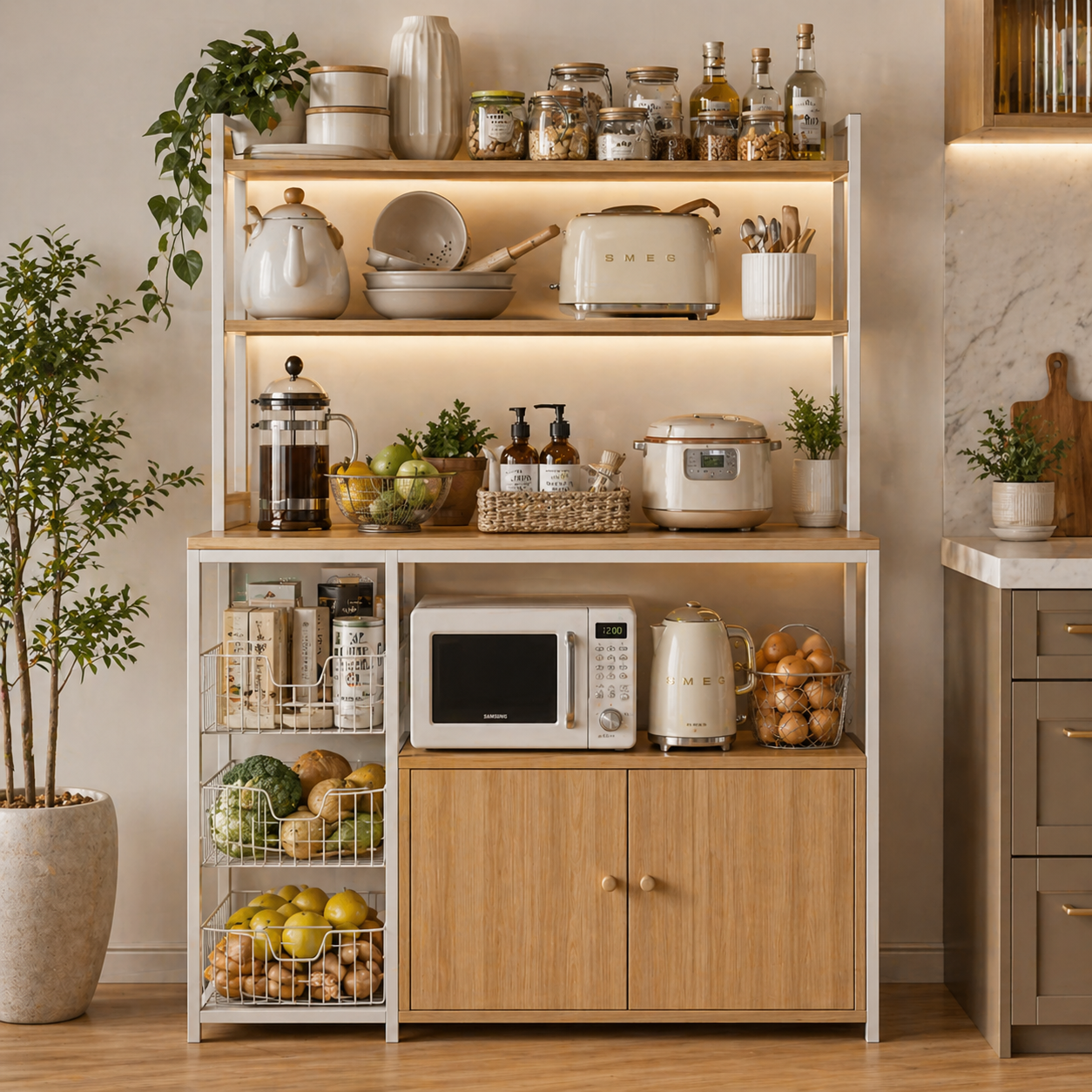 Etajera bucatarie multifunctionala cu rafturi, cosuri laterale si dulap – 120x30x146 cm