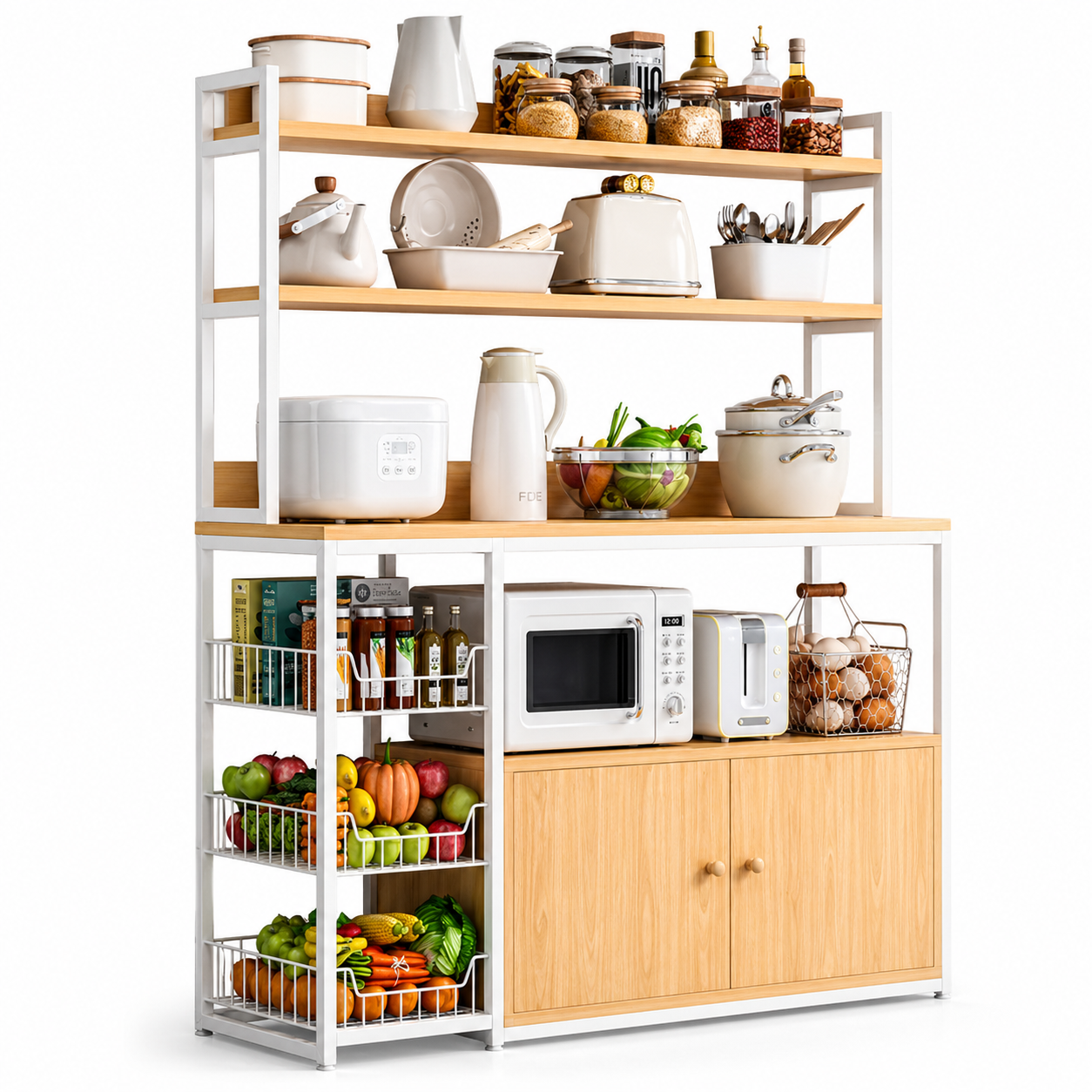 Etajera bucatarie multifunctionala cu rafturi, cosuri laterale si dulap – 120x30x146 cm
