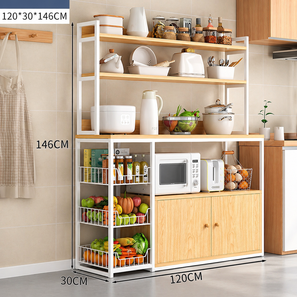Etajera bucatarie multifunctionala cu rafturi, cosuri laterale si dulap – 120x30x146 cm