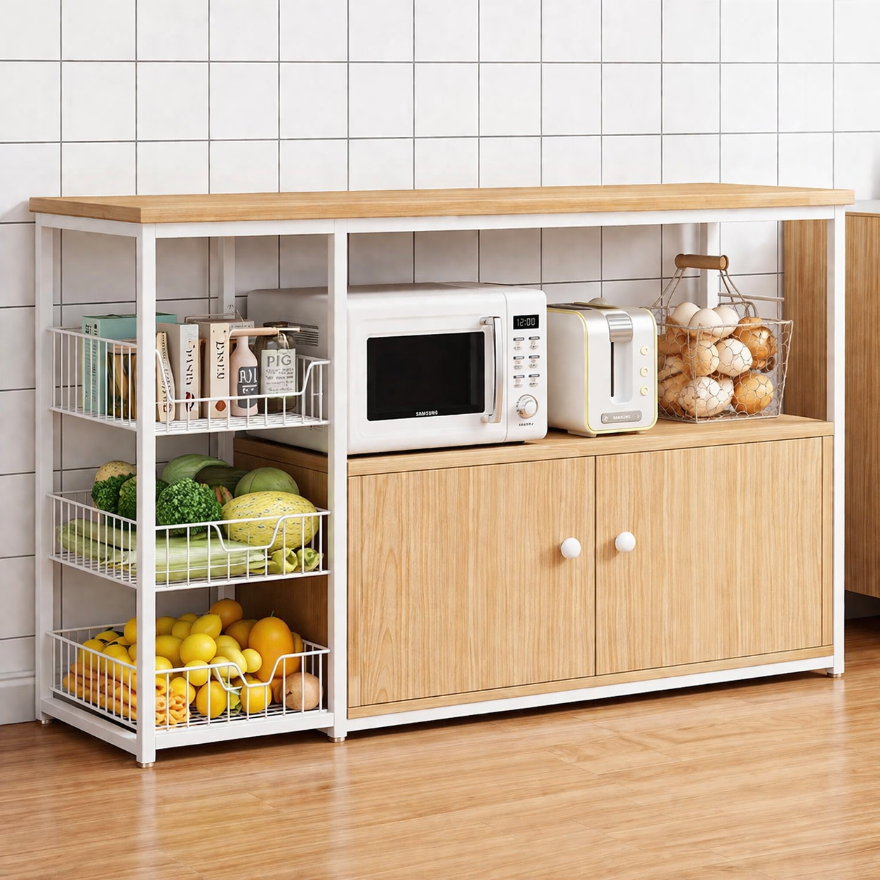 Etajera bucatarie multifunctionala cu rafturi, cosuri laterale si dulap – 120x30x146 cm