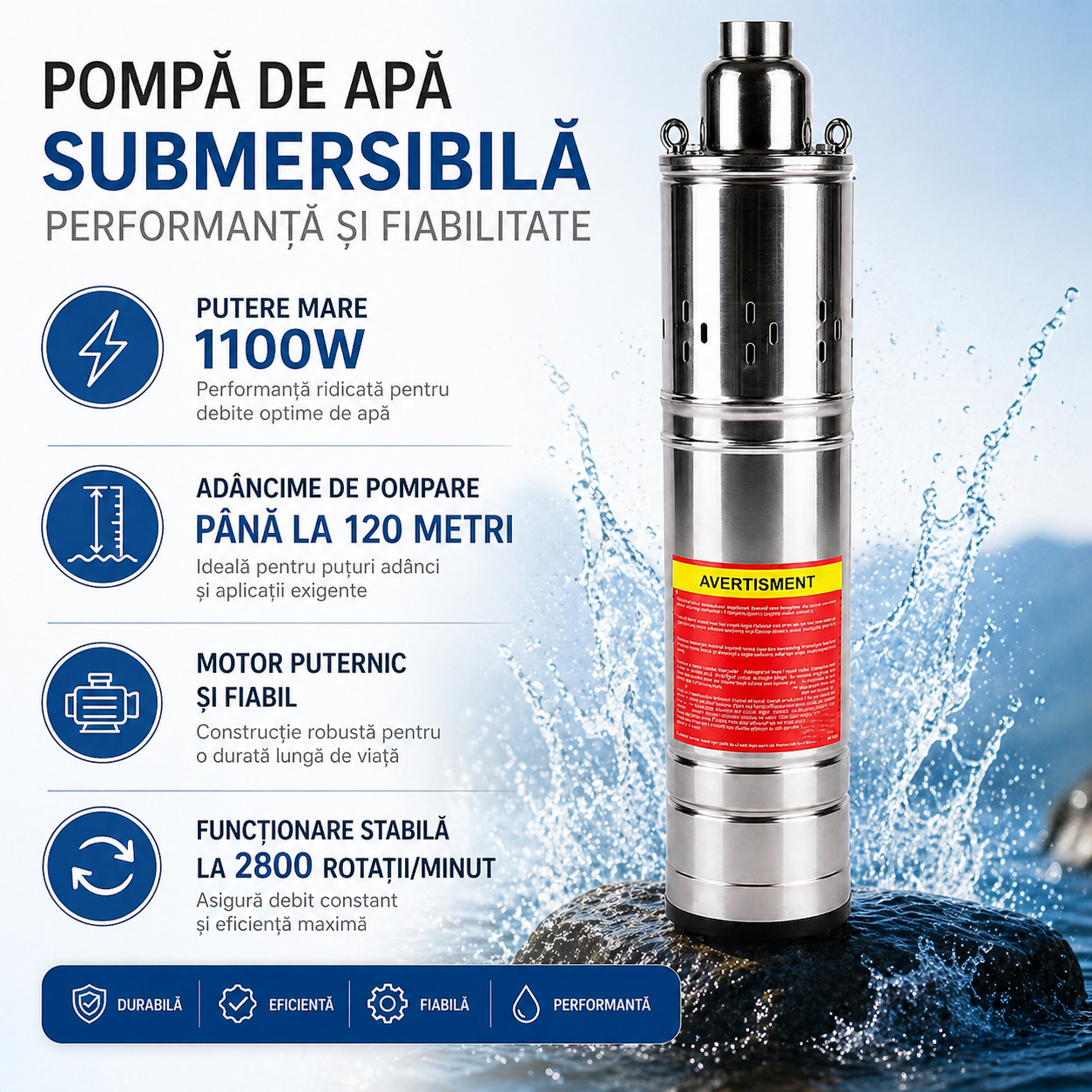 Pompa submersibila apa , 1100W, 1.5HP, Debit 3.6 m³/h, adancime 120m, inox