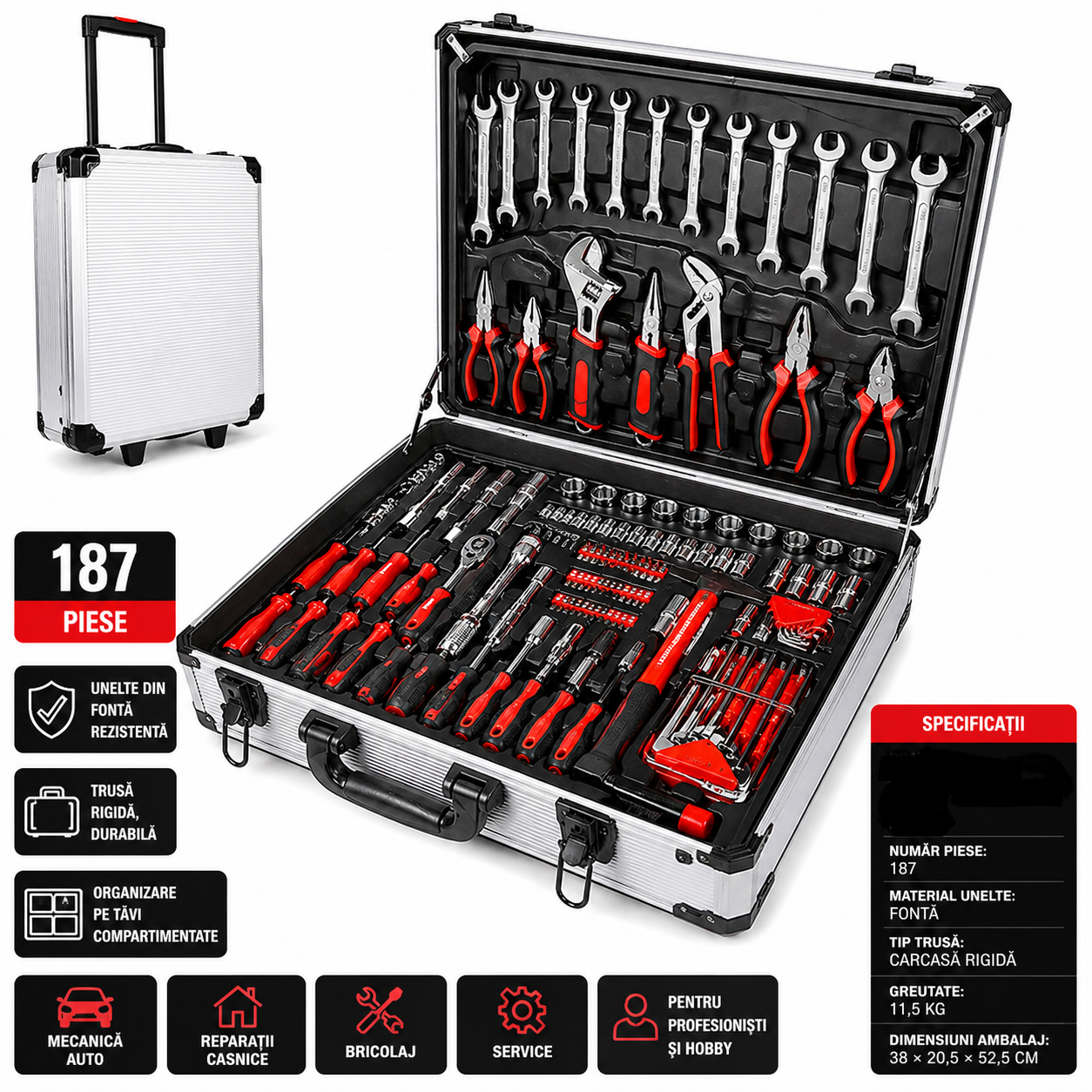 Trusa scule 187 piese, set complet profesional in carcasa rigida