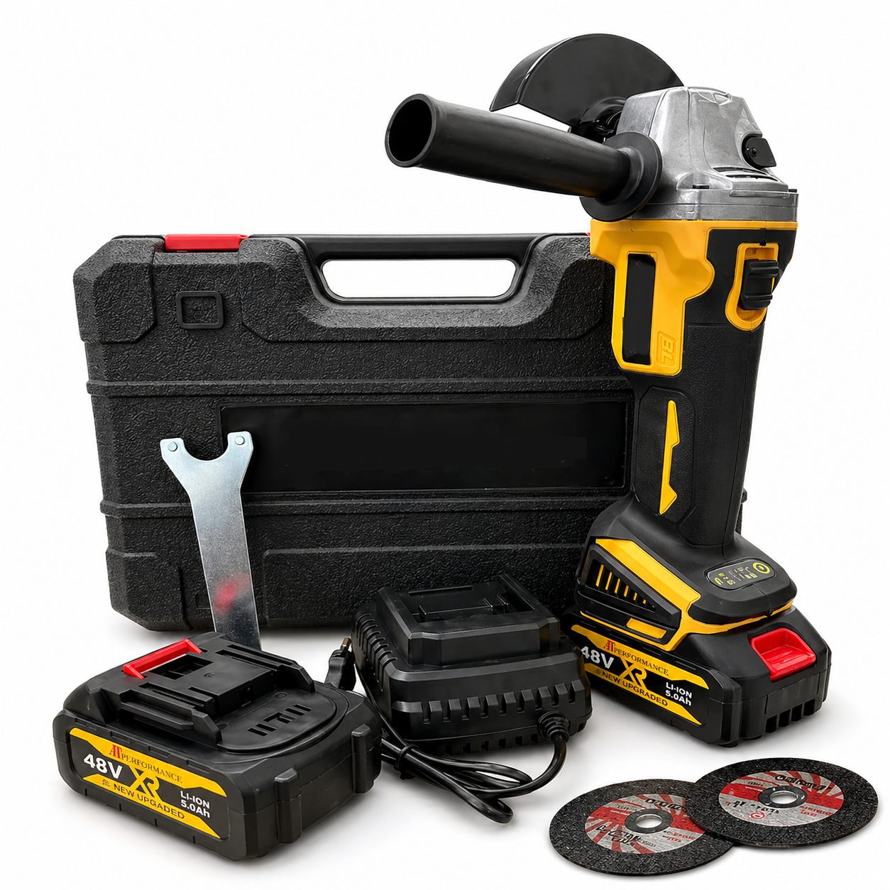 Polizor flex unghiular fara fir, 48V – Kit Complet cu 2 acumulatori 5.0Ah, incarcator, 2 discuri 125mm, valiza transport