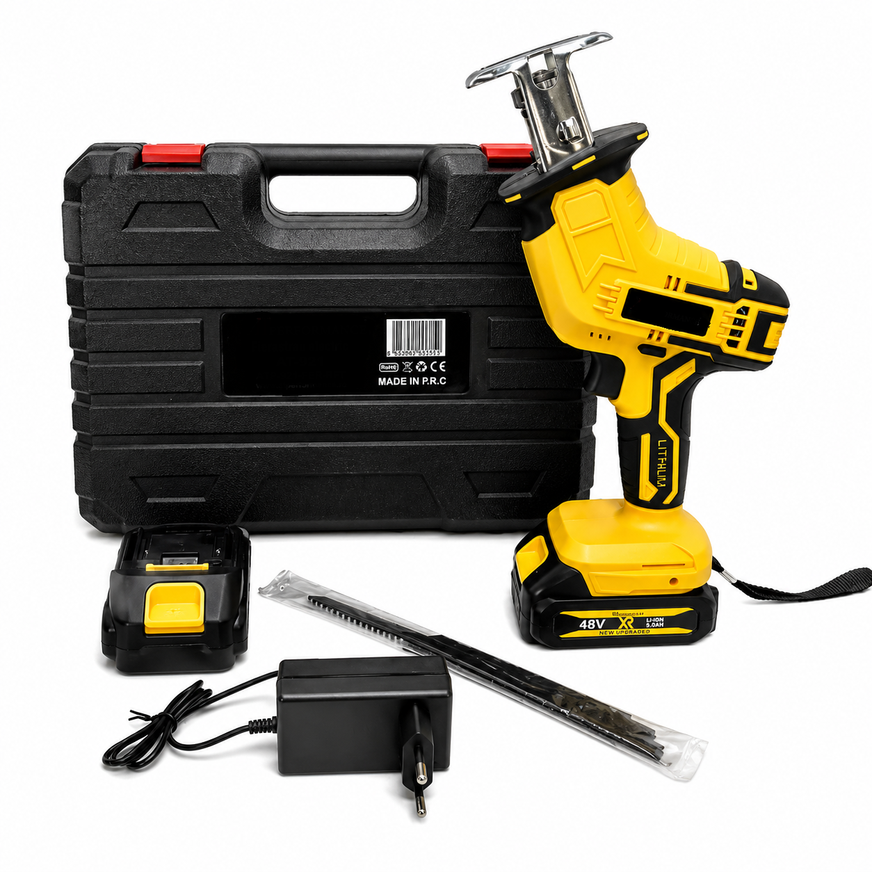 Fierastrau sabie electric cu 2 acumulatori 48V, 2800 RPM, 4 panze, incarcator, valiza transport