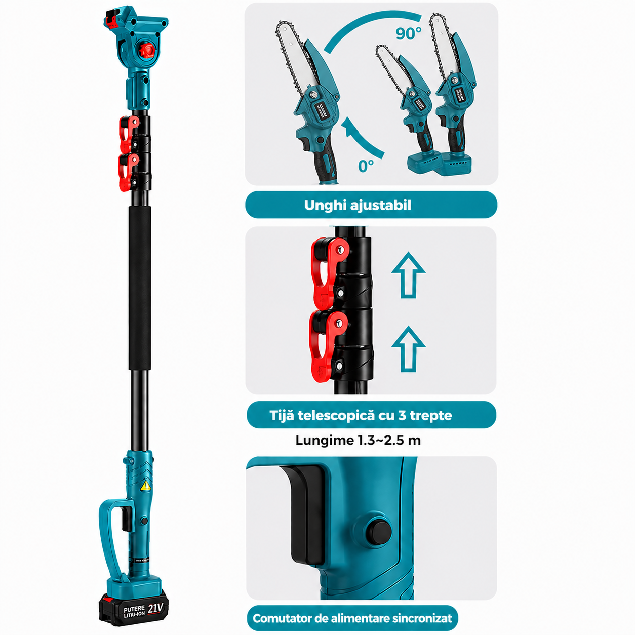 Mini drujba electrica cu brat telescopic 2.13m, 2 acumulatori, 36V3Ah, unghi de taiere reglabil