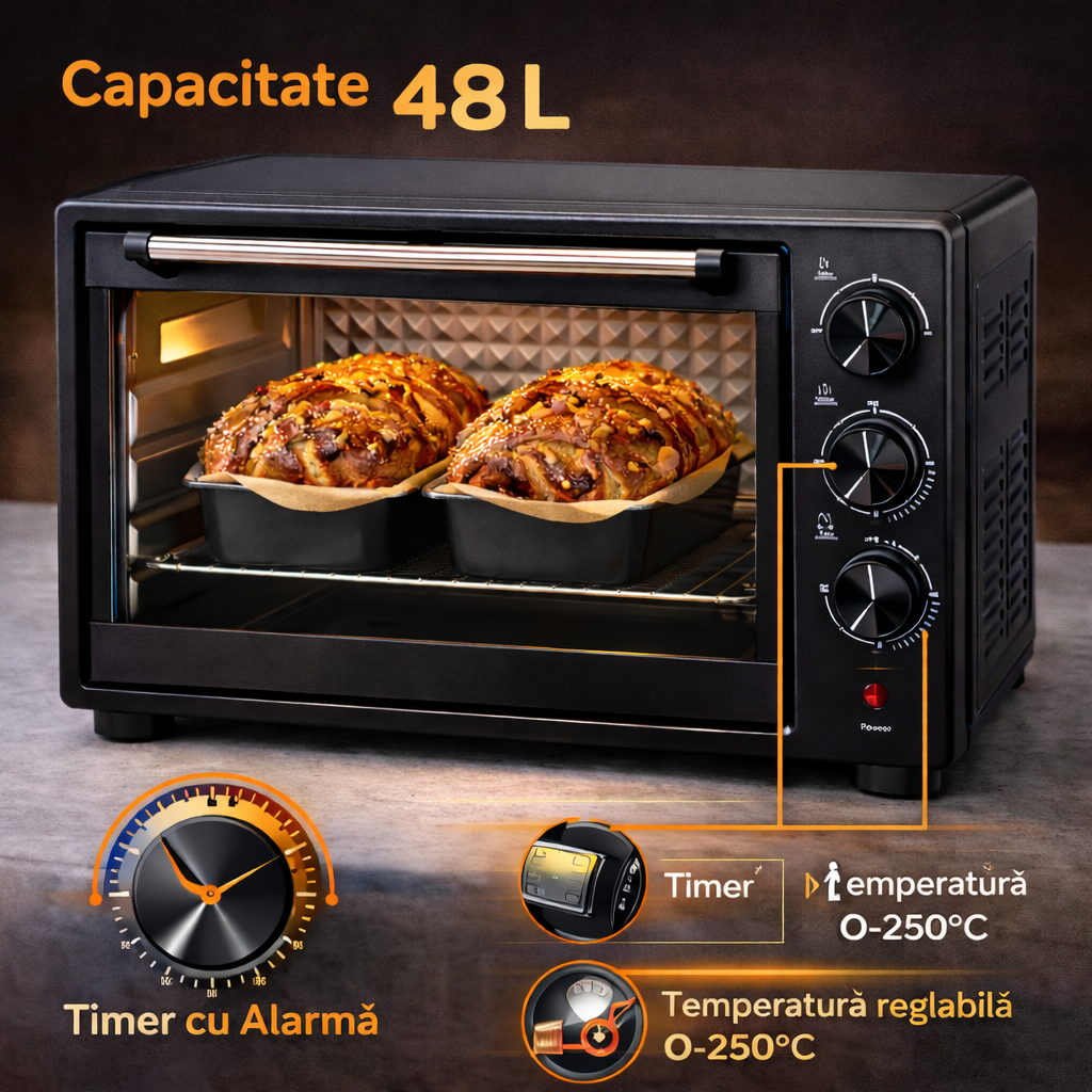 Cuptor electric, 48L, 2600W,  timer 60 min, geam transparent, tava si gratar incluse, negru
