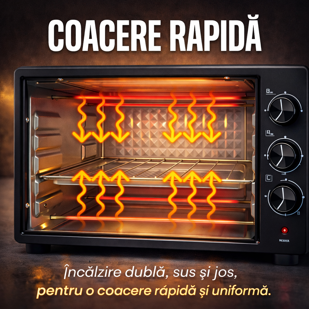 Cuptor electric, 48L, 2600W,  timer 60 min, geam transparent, tava si gratar incluse, negru