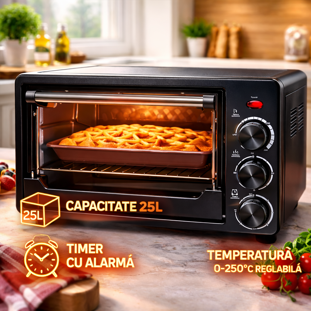 Cuptor electric, 25L, 1500W,  timer 60 min, geam transparent, tava si gratar incluse, negru