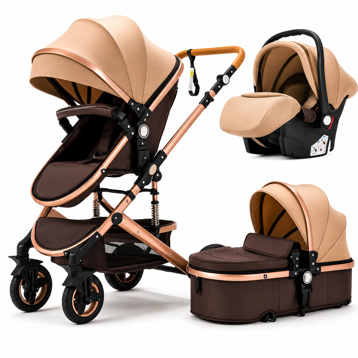Carucior multifunctional 3 în 1 + scoica auto – landou, modul sport si scoica auto, 0–36 luni, max. 25 kg, suspensii, sezut reversibil