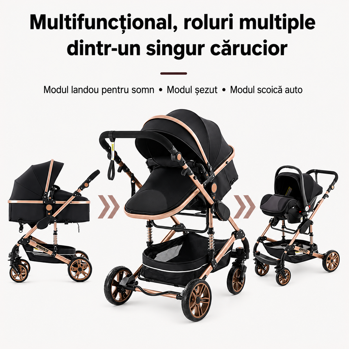 Carucior multifunctional 3 în 1 + scoica auto – landou, modul sport si scoica auto, 0–36 luni, max. 25 kg, suspensii, sezut reversibil