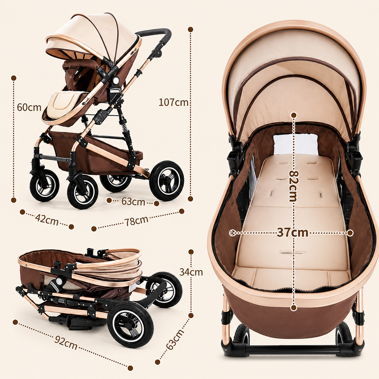Carucior multifunctional 3 în 1 + scoica auto – landou, modul sport si scoica auto, 0–36 luni, max. 25 kg, suspensii, sezut reversibil