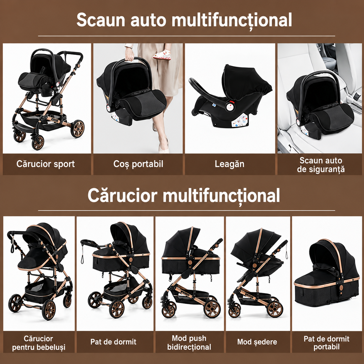 Carucior multifunctional 3 în 1 + scoica auto – landou, modul sport si scoica auto, 0–36 luni, max. 25 kg, suspensii, sezut reversibil