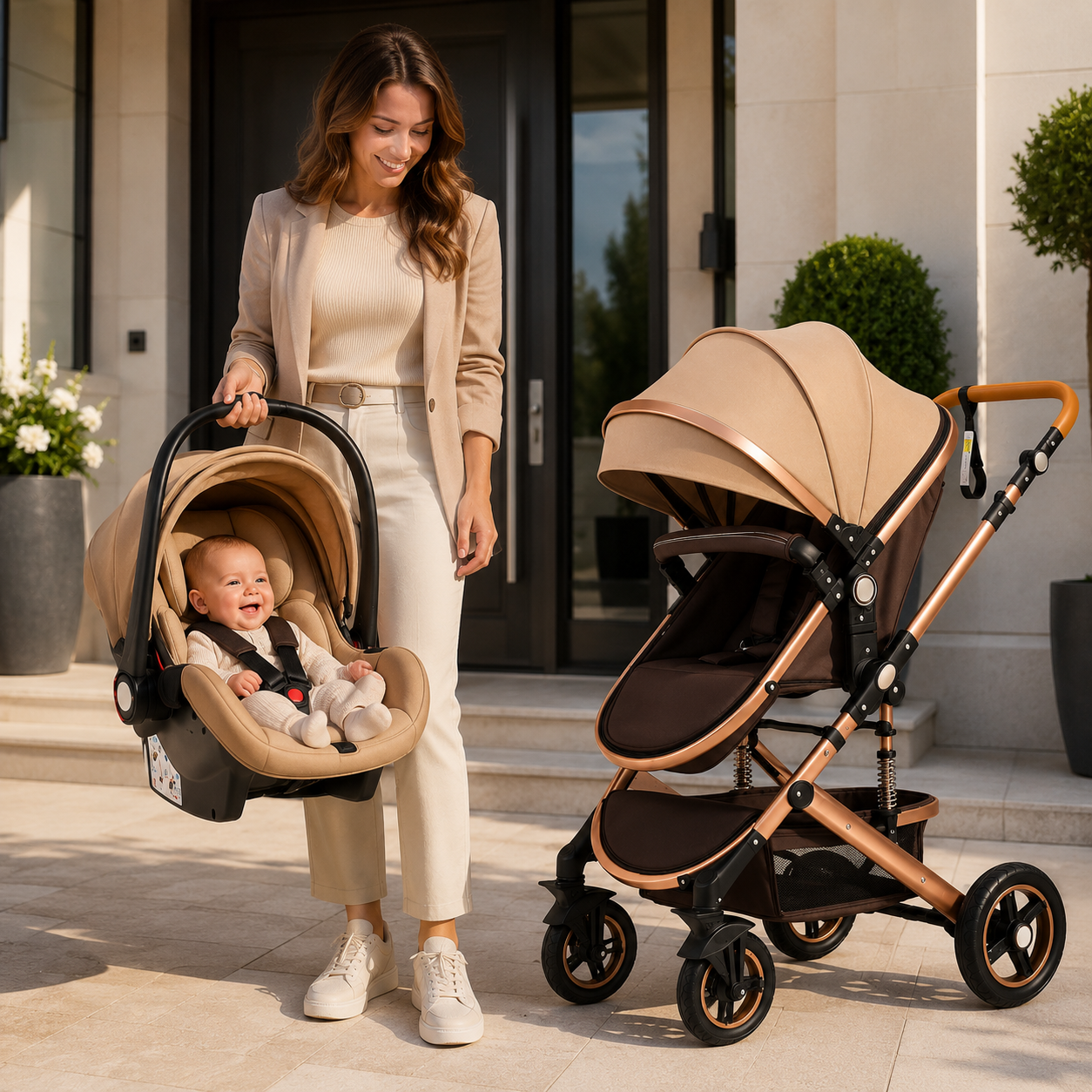 Carucior multifunctional 3 în 1 + scoica auto – landou, modul sport si scoica auto, 0–36 luni, max. 25 kg, suspensii, sezut reversibil