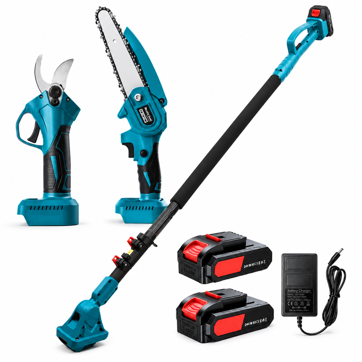 Set foarfeca gradina si mini drujba, 2 acumulatori 48V, cu brat 2.13m telescopic