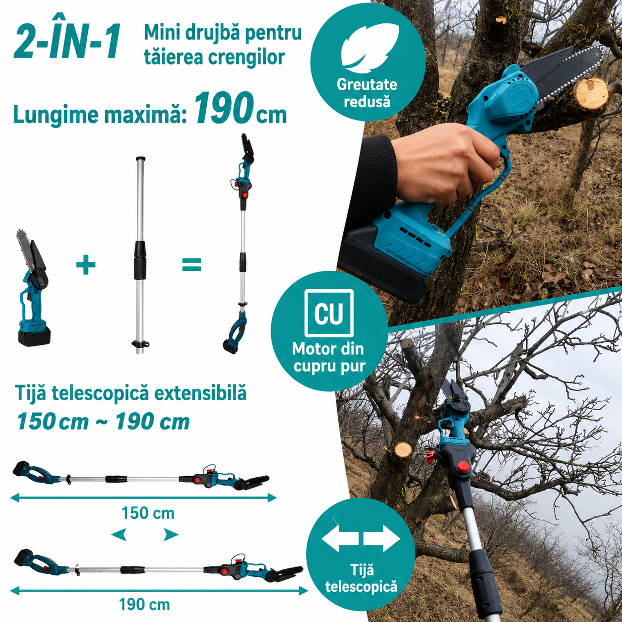 Set foarfeca gradina si mini drujba, 2 acumulatori 48V, cu brat 2.13m telescopic