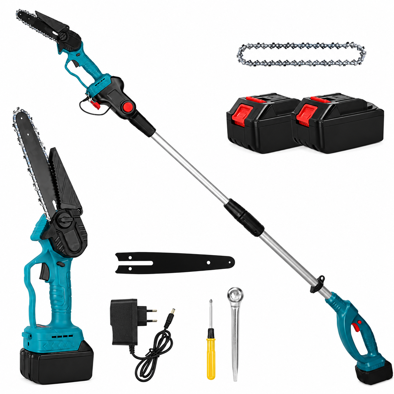 Set foarfeca gradina si mini drujba, 2 acumulatori 48V, cu brat 2.13m telescopic