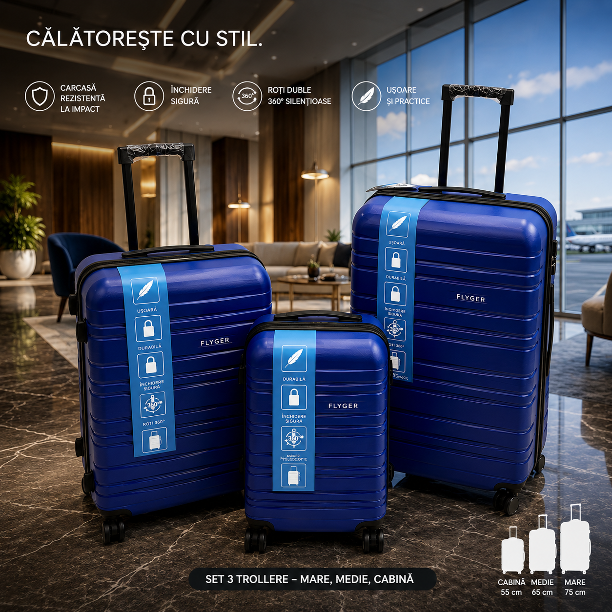Set 3 valize troller, ABS, roti duble 360°, maner telescopic, 73/65/55 cm – mare, medie si cabina
