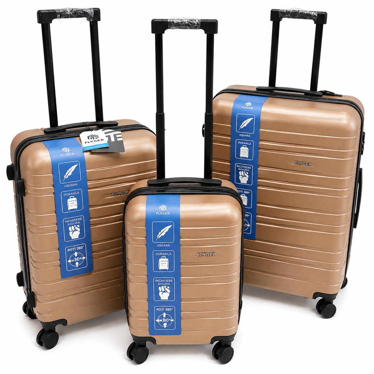 Set 3 valize troller, ABS, roti duble 360°, maner telescopic, 73/65/55 cm – mare, medie si cabina